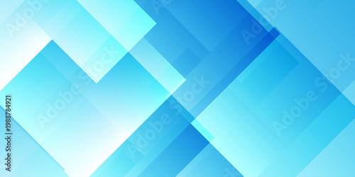 Abstract blue geometric background with overlapping transparent squares and diagonal light rays for corporate tech design