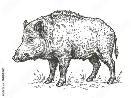 Wild boar wildlife sketch: antique engraving style illustration, natural history zoology field journal art