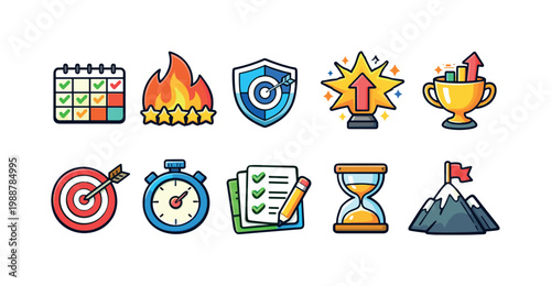 Collection of icons representing business goals, achievements, and progress