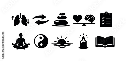 Collection of icons representing balance, health, and mindfulness concepts
