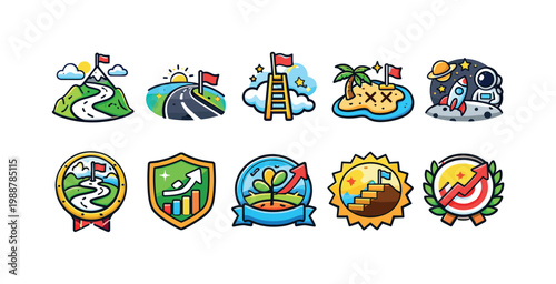 Collection of icons representing goals, success, and achievement in various forms