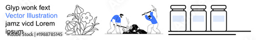 Nature, manual labor, industrial work, agriculture, production, sustainability. A flower, workers breaking ground and bottles lined up. Nature and manual labor conceptual design