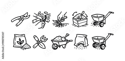 Collection of simple line art icons representing various garden and lawn care tasks