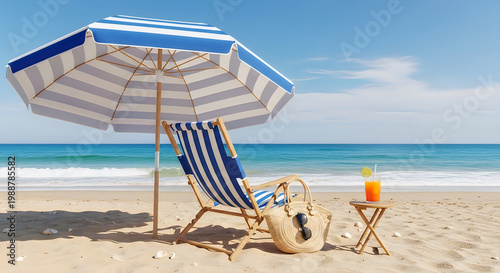 Relaxing beach vacation scene with striped umbrella, deck chair, and seashells on sunny shoreline