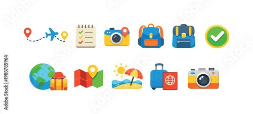 Collection of colorful travel and vacation icons for planning adventures