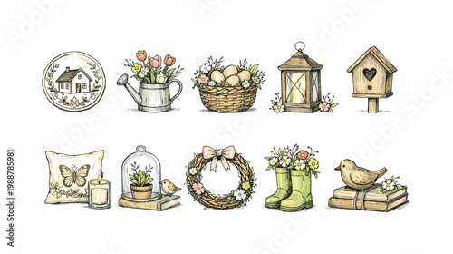 Charming spring and garden icons with a whimsical, hand-drawn aesthetic