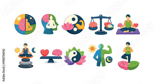 Mind-body balance icons representing mental and physical wellness and harmony