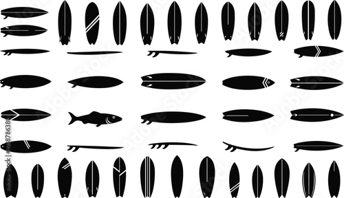 Black and white surfboard silhouettes collection featuring various board shapes and fin designs set