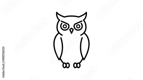 Minimalist Owl Vector Icon with Editable Stroke. A clean black line illustration of a nocturnal bird on a white background, perfect for logos, education, nature-themed designs, and web graphics.