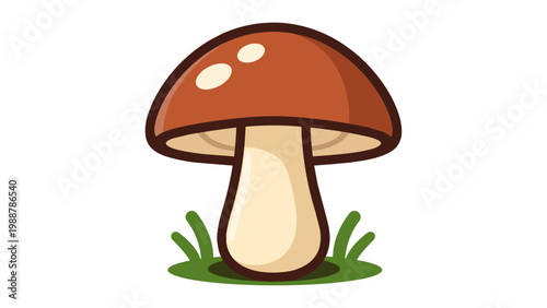Modern flat vector icon illustration of a forest mushroom with a brown cap and thick cream stem on a patch of grass, isolated on white background. Clean scalable graphic for nature and food.