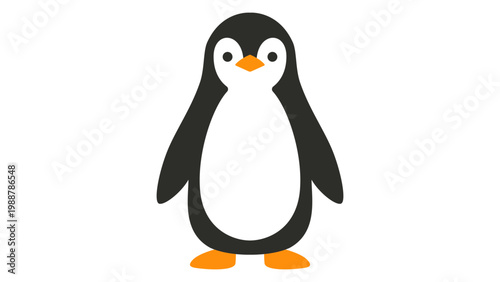 Modern flat vector illustration of a cute penguin icon isolated on a white background. This minimalist graphic represents an upright flightless aquatic bird, perfect for logo design and web use.
