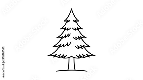 Minimalist Pine Tree Vector Icon with Editable Stroke. A hand-drawn black line illustration of a tall evergreen conifer tree, perfect for nature, forest, and Christmas designs on white background.