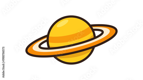 Modern flat vector icon illustration of the planet Saturn with its iconic rings, featuring a vibrant yellow and orange color palette and bold outlines, isolated on a white background for design.