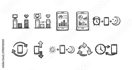 Hand-drawn icons representing app usage, data charts, and time cycles