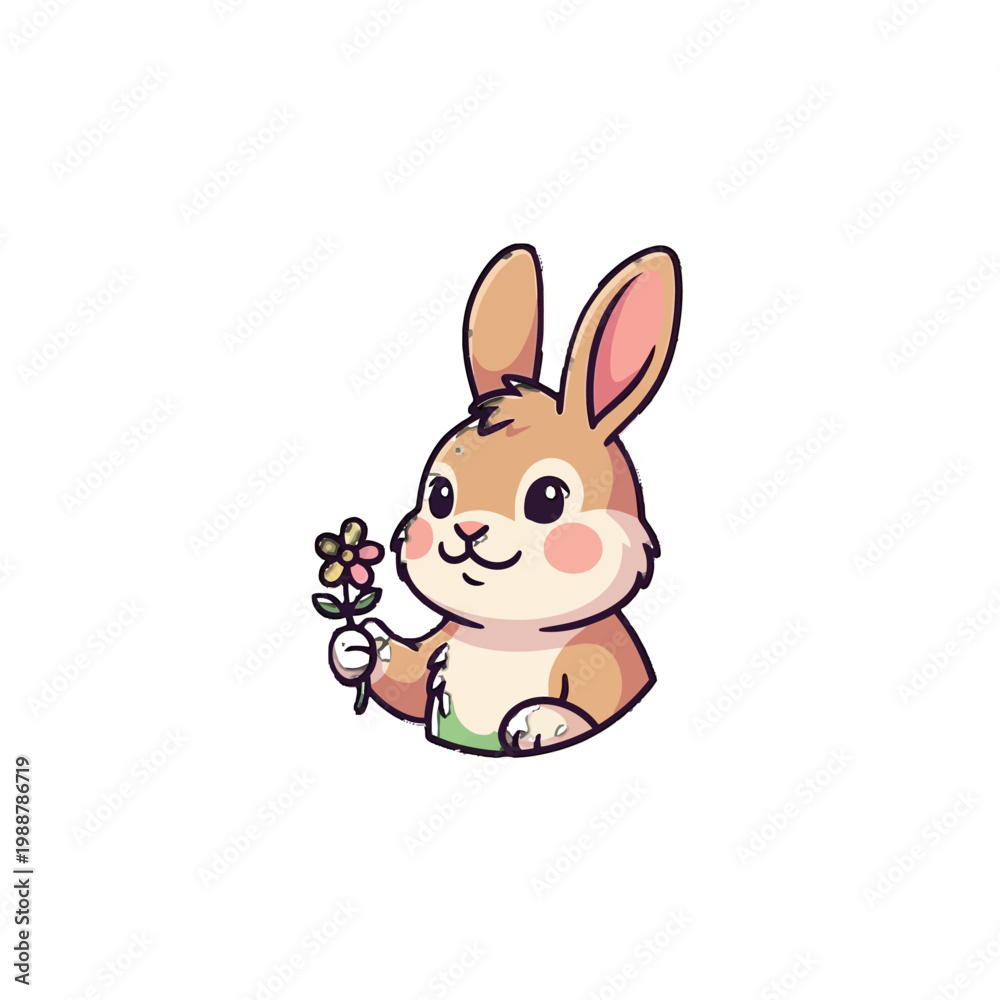 Obraz premium Cute Cartoon Rabbit Holding Flower.