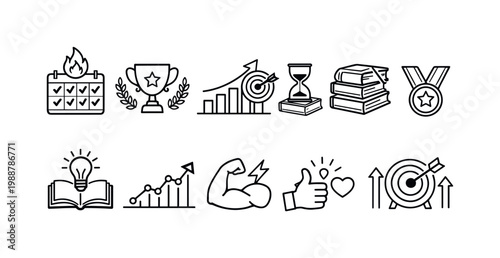 Collection of simple icons representing success, goals, and personal growth achievements