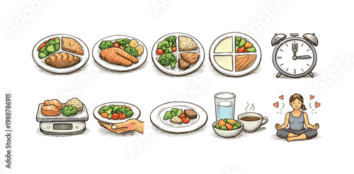 Healthy meal planning and mindful eating icons for a balanced lifestyle
