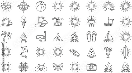 Summer activities and beach icons collection featuring sun and leisure items in thin line art style