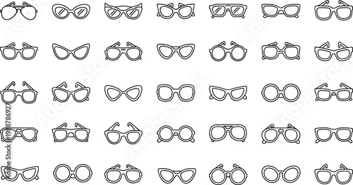 Variety of eyeglass and sunglass frames shown as simple outline icons for fashion and accessory design