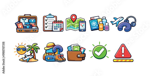 Travel preparation and planning icons for vacation and holiday trips