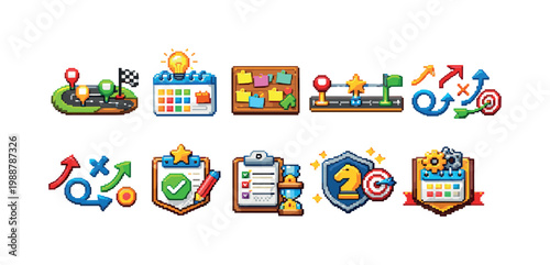 Creative planning icons for business strategy, goal setting, and project management