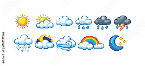 Pixel art weather icons collection for forecasting and climate representation