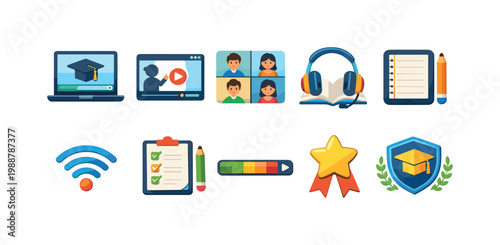 Collection of colorful icons representing online learning and education concepts