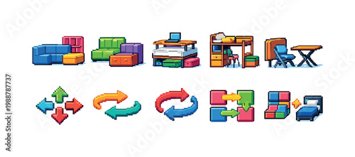 Pixel art icons of modular furniture and directional arrows for design