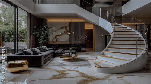 Luxurious modern living space featuring a sleek curved staircase