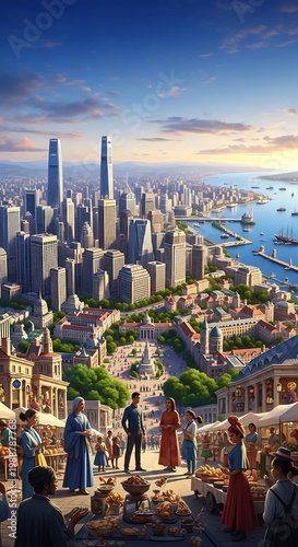 Bustling cityscape with a marketplace in the foreground, overlooking a harbor and distant skyscrapers
