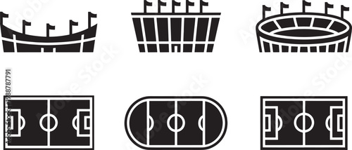 Collection of six various sport stadiums and fields vector icons for athletic events