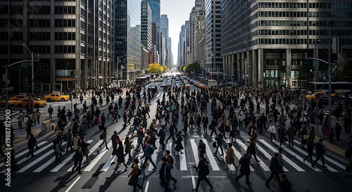 Bustling crosswalk in a canyon of skyscrapers with yellow taxis and blurred pedestrians