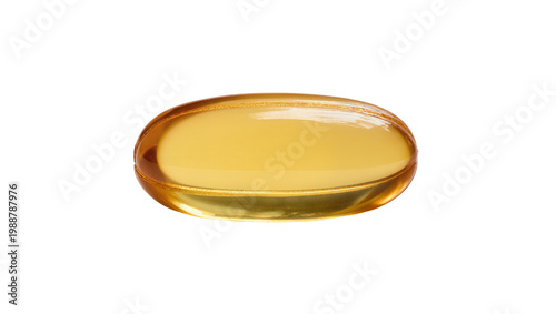 Foto Translucent golden oval capsule filled with yellow liquid, isolated on transpare