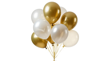 Shiny gold and pearl white balloons tied with golden ribbons, isolated on transparent background