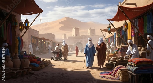 Bustling desert market scene with people, stalls, and sand dunes