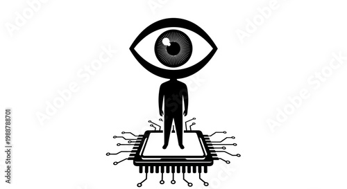 a human figure on microchip with eye.