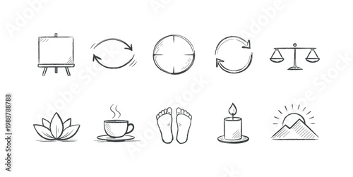 Collection of hand-drawn icons representing balance, creativity, and well-being concepts