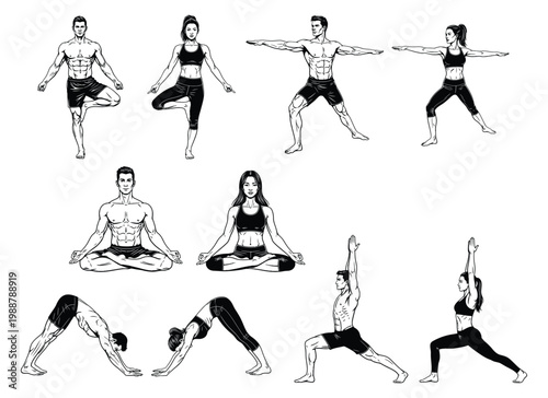 Set of male and female yoga poses demonstrating tree, warrior, lotus and downward dog positions in clean vector style