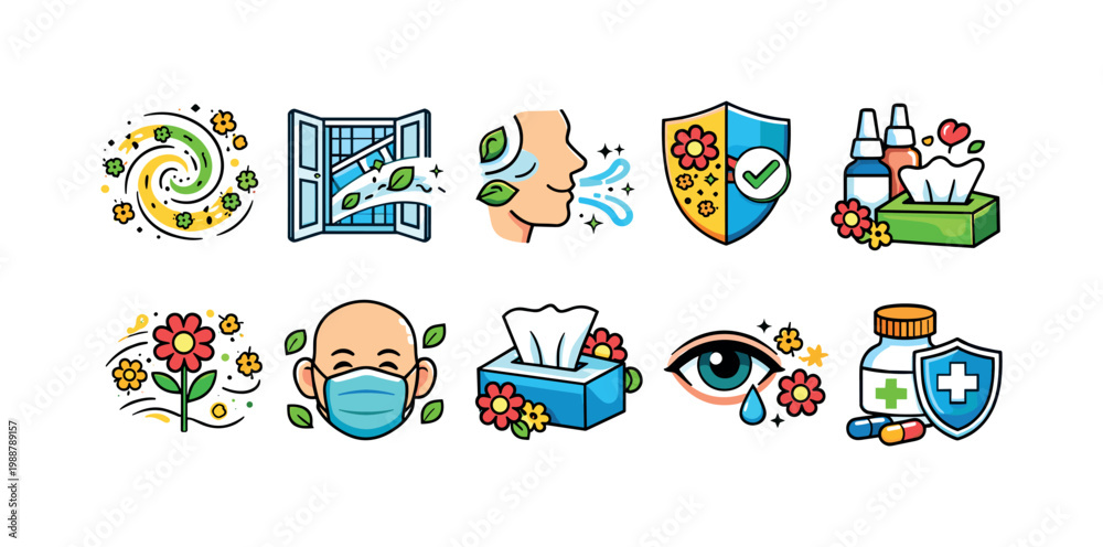 Fototapeta premium Spring allergy symptoms and relief icons collection for health awareness