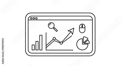 Business analytics dashboard with charts, graphs, mouse, and magnifying glass icons