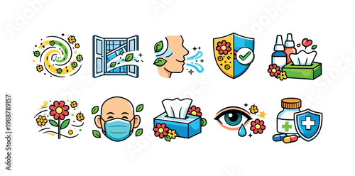 Spring allergy symptoms and relief icons collection for health awareness