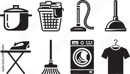 Housekeeping and laundry service icons featuring washing machine vacuum cleaner iron and cleaning tools