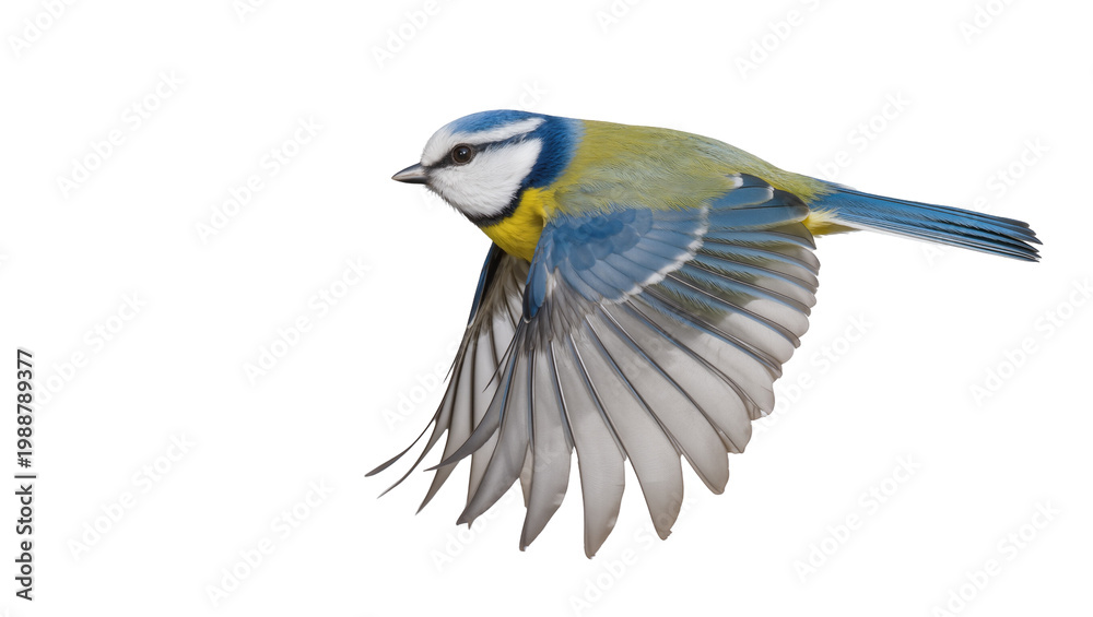 Naklejka premium Blue tit bird in flight detailed feathers, isolated on transparent background
