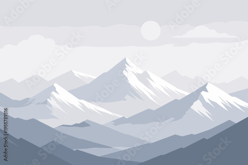 Abstract Digital Landscape with Majestic White Snow-Capped Mountain Peaks Under a Soft Gray Sky with a Pale Sun and Fluffy Clouds; Simple Flat Vector Illustration of a Serene Mountain Range.