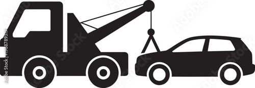 Tow truck with crane lifting car hook for vehicle recovery and transport