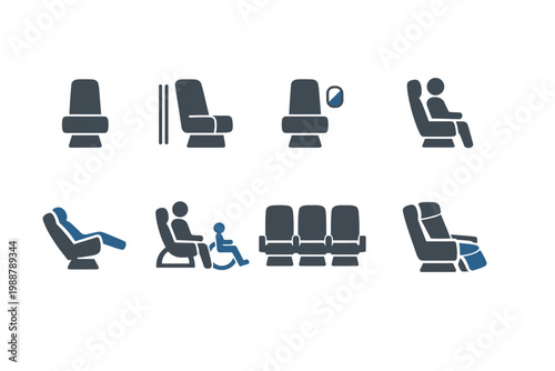 Airplane Seating Icons Set Featuring Single Aisle Window Occupied Reclining Accessible Wheelchair Group and Premium First Class Seats for Flight Cabin Layout and Travel Planning Vector