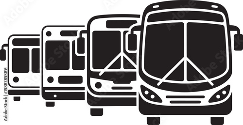 Row of city buses lined up for public transportation, urban transit vehicles for passenger transport.