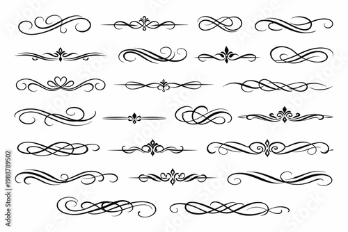 Elegant Set of Calligraphic Swirls, Decorative Flourishes, and Dividers. Vintage Vector Ornaments for Wedding Invitations, Certificates, Menu Design, Filigree Border Elements, Swash, and Scroll Curls.