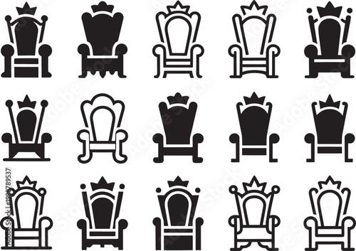 Collection of royal throne icons with crowns for monarchy power and kingdom leadership symbol designs