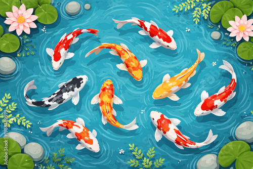 Top view vector illustration of a tranquil koi pond with colorful Japanese carp swimming among water lilies, lotus flowers, lily pads, and smooth stones in clear blue water with gentle ripples.